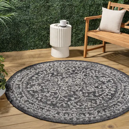 8' Black And Gray Round Medallion Indoor Outdoor Area Rug Photo 5