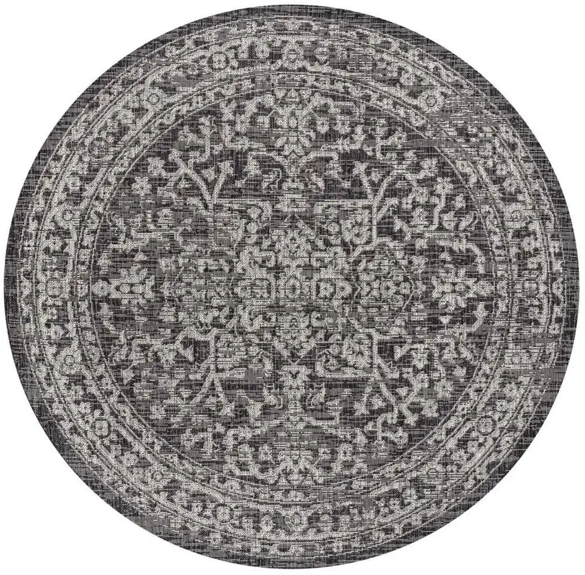 8' Black And Gray Round Medallion Indoor Outdoor Area Rug Photo 3