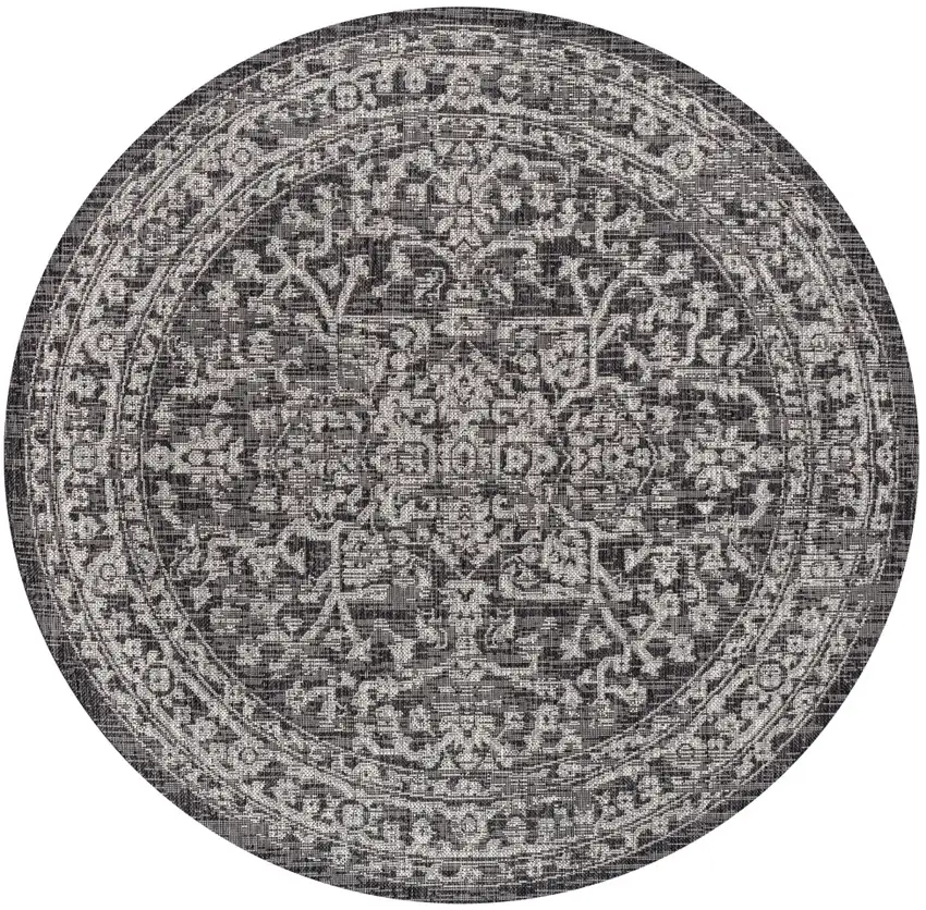 8' Black And Gray Round Medallion Indoor Outdoor Area Rug Photo 1
