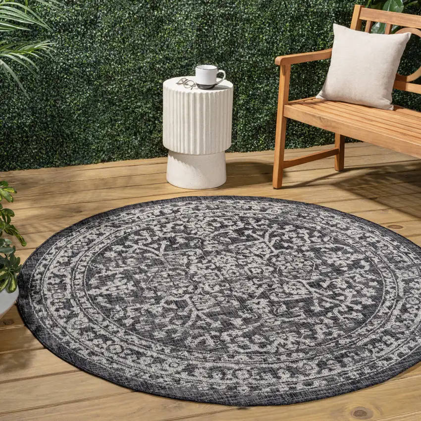 9' Black And Gray Round Medallion Indoor Outdoor Area Rug Photo 5
