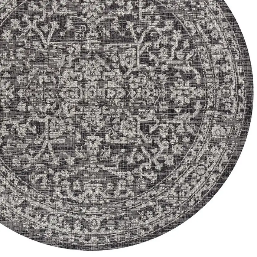 9' Black And Gray Round Medallion Indoor Outdoor Area Rug Photo 2
