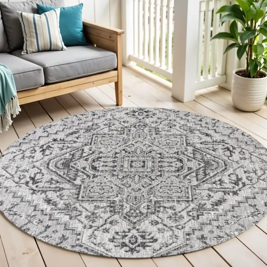 6' Black And Gray Round Medallion Indoor Outdoor Area Rug Photo 1
