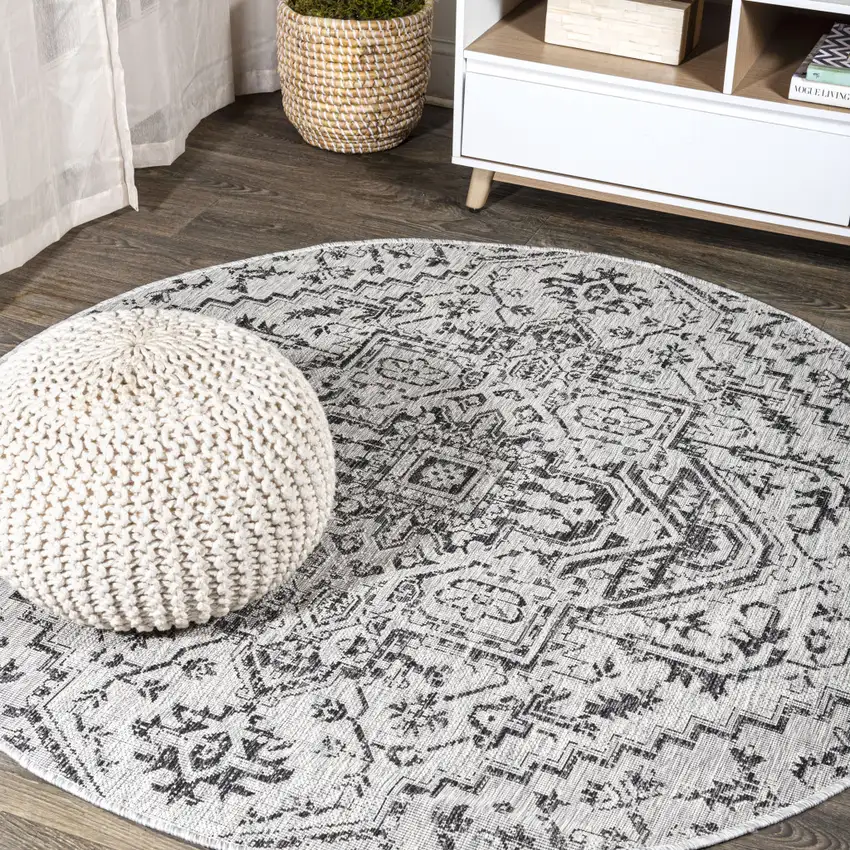 6' Black And Gray Round Medallion Indoor Outdoor Area Rug Photo 4