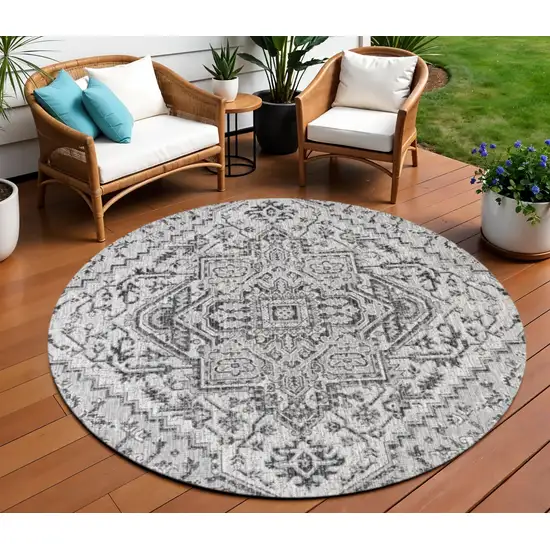8' Black And Gray Round Medallion Indoor Outdoor Area Rug Photo 1