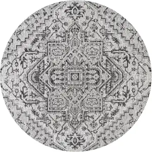 Photo of 8' Black And Gray Round Medallion Indoor Outdoor Area Rug