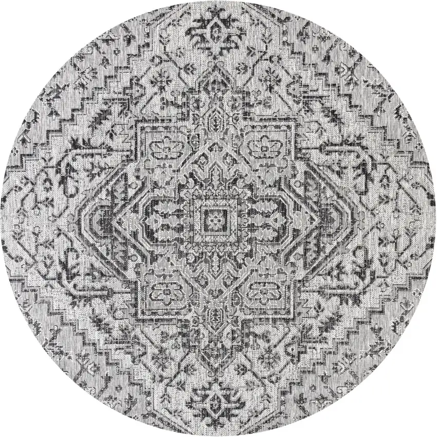 8' Black And Gray Round Medallion Indoor Outdoor Area Rug Photo 1