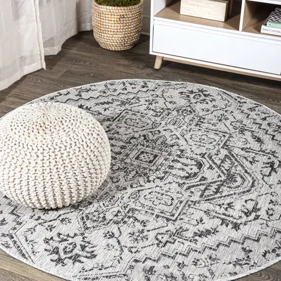 9' Black And Gray Round Medallion Indoor Outdoor Area Rug Photo 4