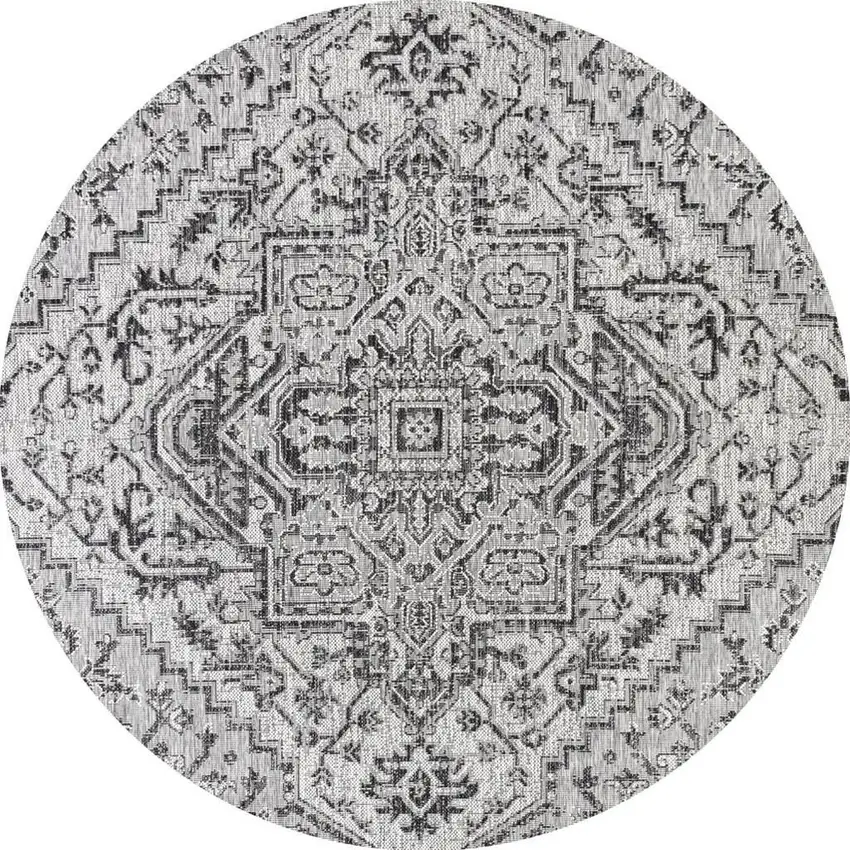 9' Black And Gray Round Medallion Indoor Outdoor Area Rug Photo 3
