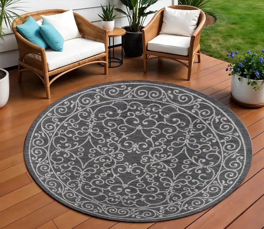 8' Black And Gray Round Medallion Indoor Outdoor Area Rug Photo 1