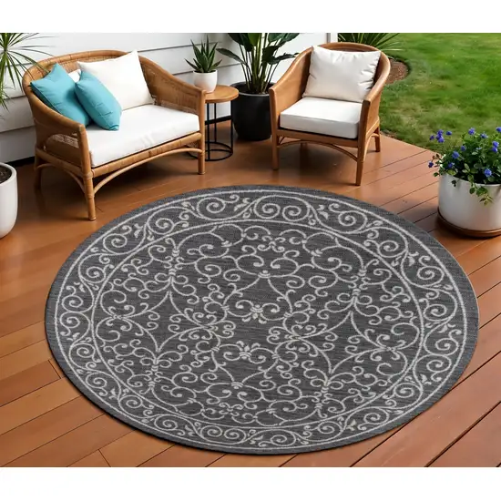 9' Black And Gray Round Medallion Indoor Outdoor Area Rug Photo 1