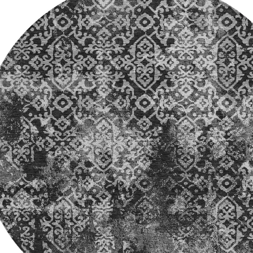 8' Black And Gray Round Oriental Washable Indoor Outdoor Area Rug Photo 3