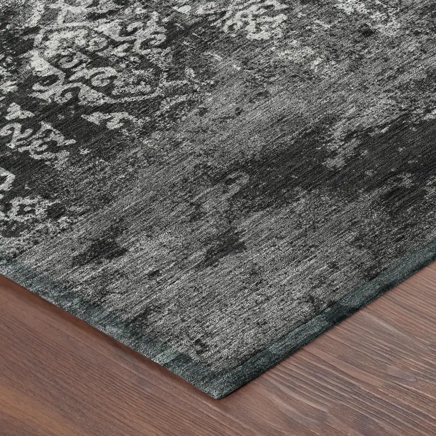 8' Black And Gray Round Oriental Washable Indoor Outdoor Area Rug Photo 5