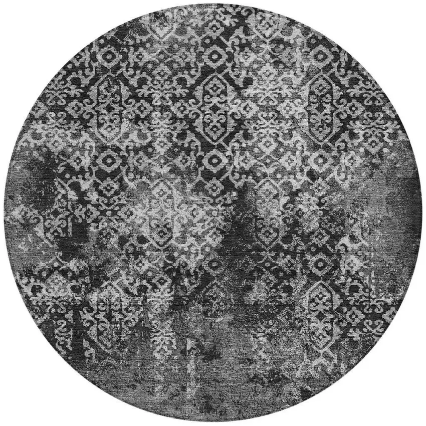 8' Black And Gray Round Oriental Washable Indoor Outdoor Area Rug Photo 4