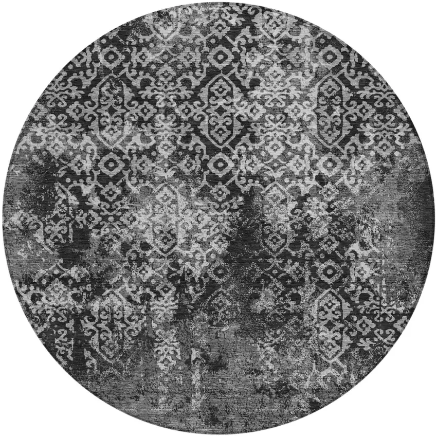 8' Black And Gray Round Oriental Washable Indoor Outdoor Area Rug Photo 2