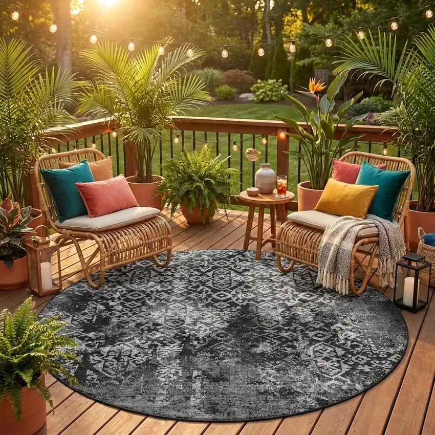 8' Black And Gray Round Oriental Washable Indoor Outdoor Area Rug Photo 1