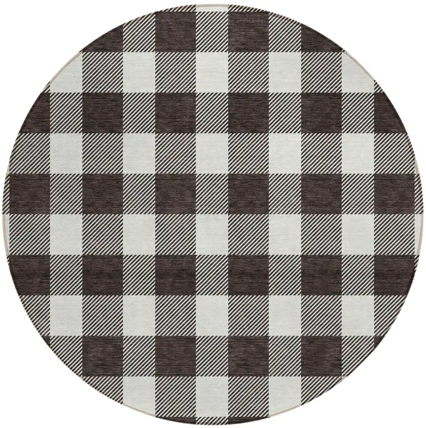 8' Black And Gray Round Plaid Washable Indoor Outdoor Area Rug Photo 2