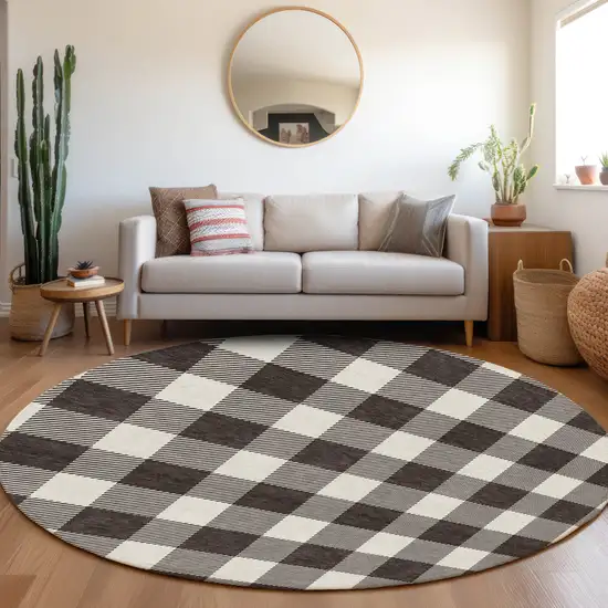 8' Black And Gray Round Plaid Washable Indoor Outdoor Area Rug Photo 7