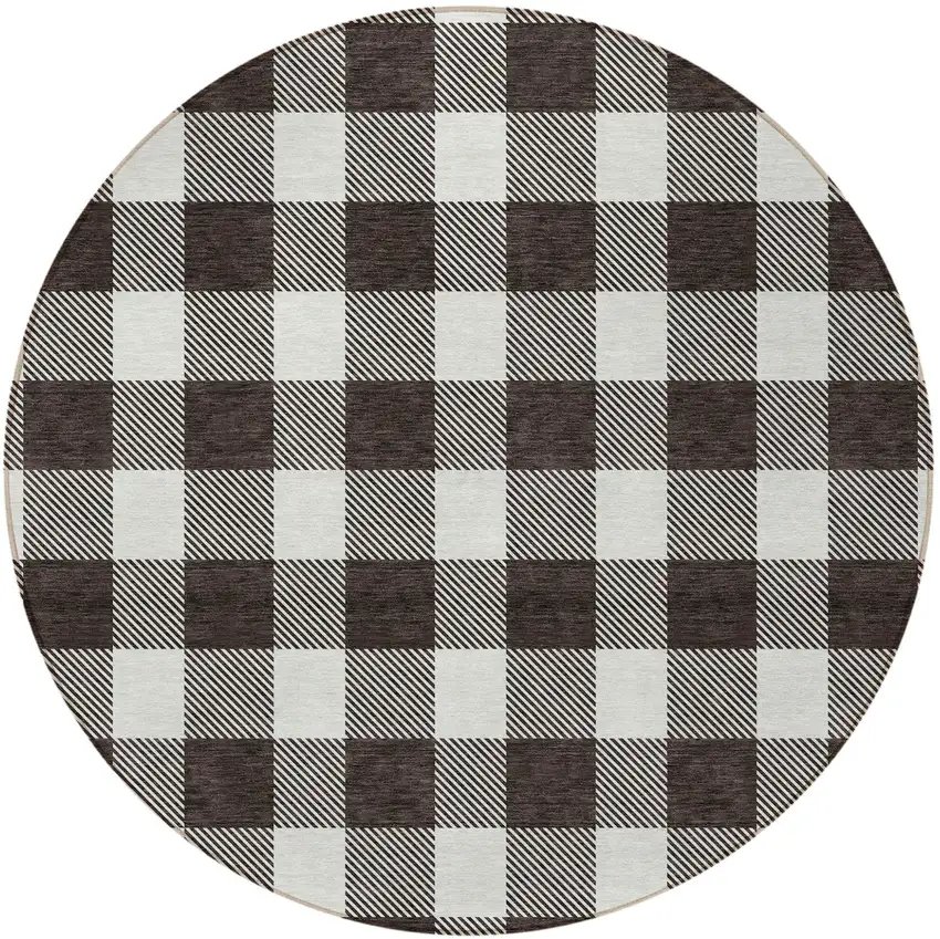 8' Black And Gray Round Plaid Washable Indoor Outdoor Area Rug Photo 5