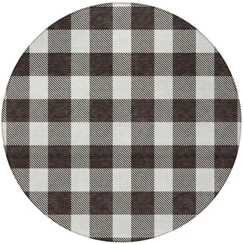 8' Black And Gray Round Plaid Washable Indoor Outdoor Area Rug Photo 4