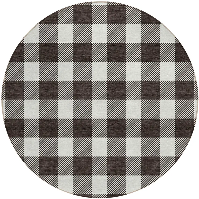 8' Black And Gray Round Plaid Washable Indoor Outdoor Area Rug Photo 2