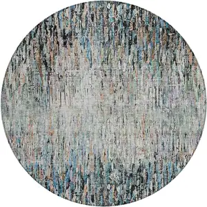 Photo of 8' Black And Gray Round Striped Washable Indoor Outdoor Area Rug