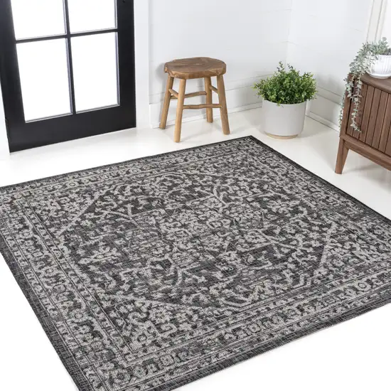 4' Black And Gray Square Medallion Indoor Outdoor Area Rug Photo 4