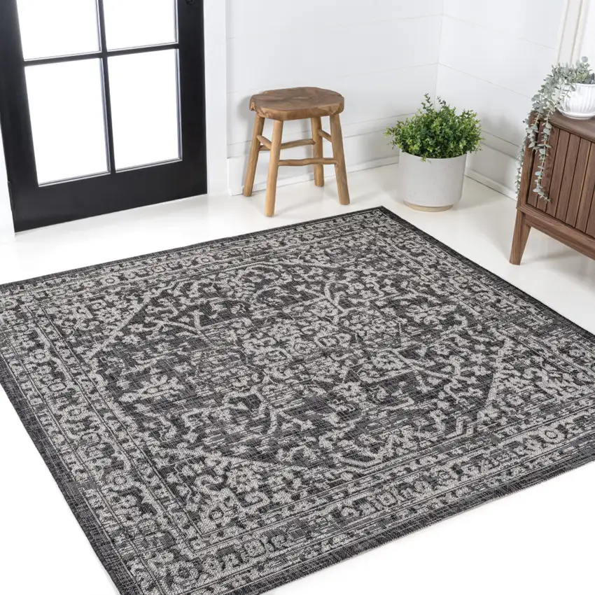 5' Black And Gray Square Medallion Indoor Outdoor Area Rug Photo 4