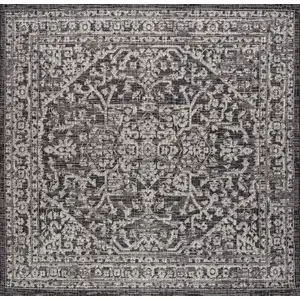 Photo of 6' Black And Gray Square Medallion Indoor Outdoor Area Rug