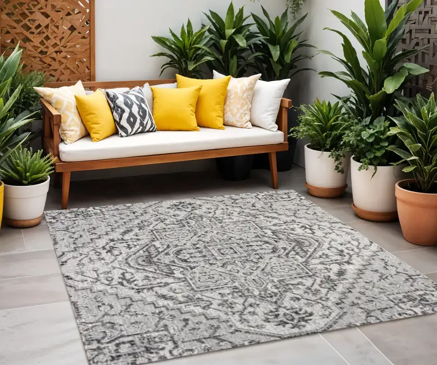 8' Black And Gray Square Medallion Indoor Outdoor Area Rug Photo 1