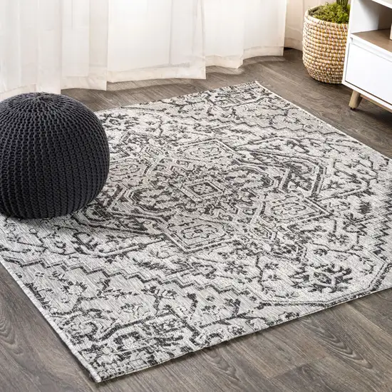 9' Black And Gray Square Medallion Indoor Outdoor Area Rug Photo 4
