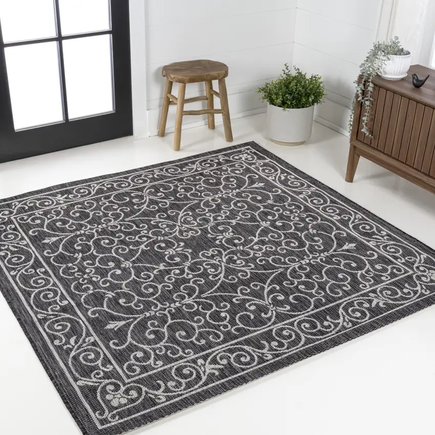 4' Black And Gray Square Medallion Indoor Outdoor Area Rug Photo 4