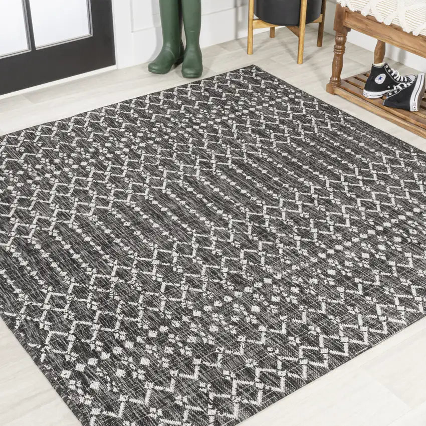 5' Black And Gray Square Trellis Indoor Outdoor Area Rug Photo 6