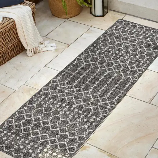 8' Black And Gray Trellis Indoor Outdoor Runner Rug Photo 5