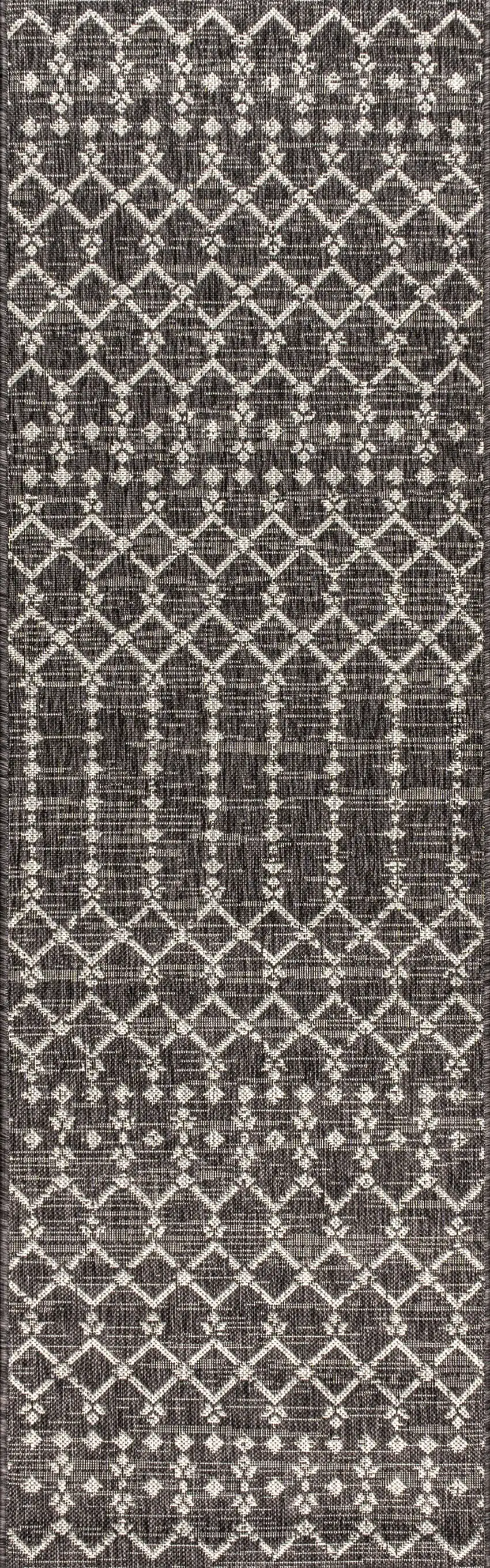 8' Black And Gray Trellis Indoor Outdoor Runner Rug Photo 3