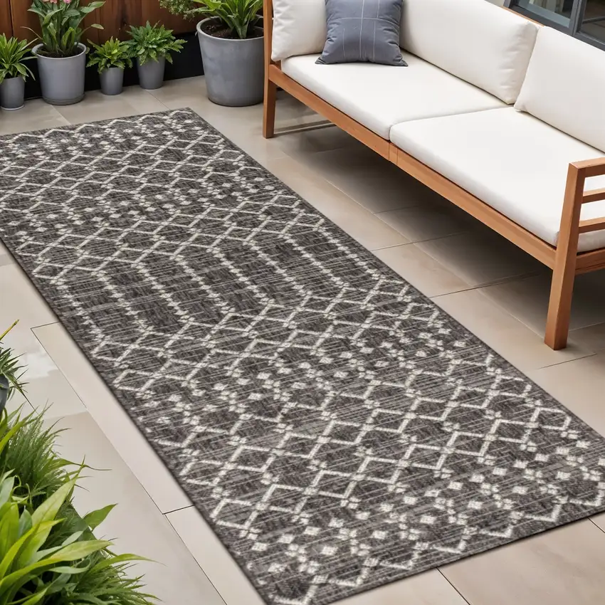8' Black And Gray Trellis Indoor Outdoor Runner Rug Photo 1