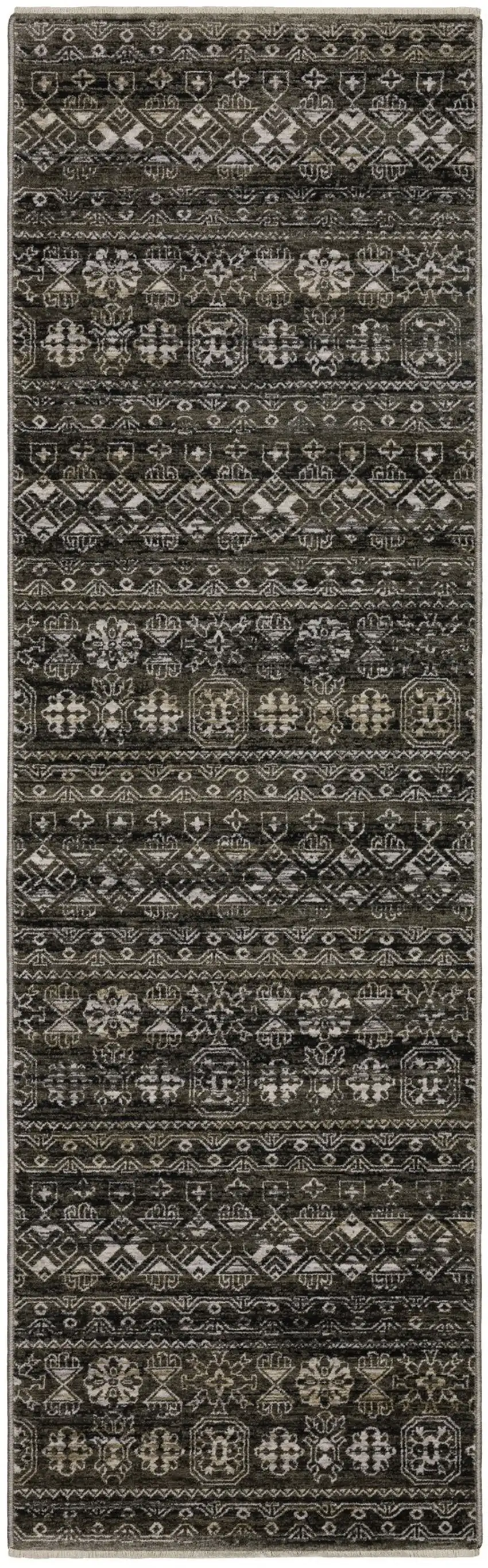 8' Black And Gray Tribal Runner Rug With Fringe Photo 2