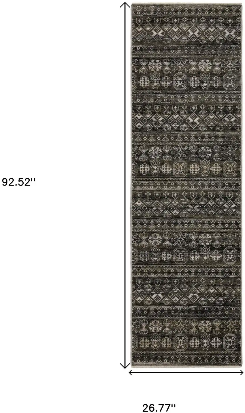 8' Black And Gray Tribal Runner Rug With Fringe Photo 3
