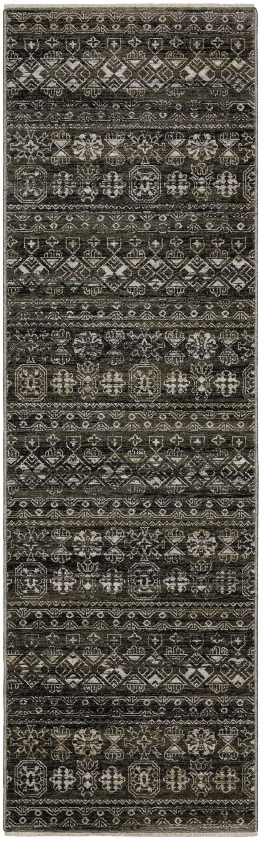 8' Black And Gray Tribal Runner Rug With Fringe Photo 5