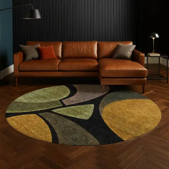 8' Black And Green Round Abstract Washable Indoor Outdoor Area Rug Photo 5