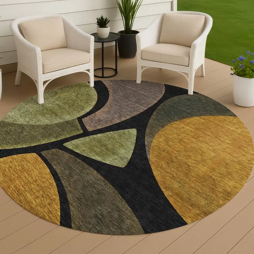 8' Black And Green Round Abstract Washable Indoor Outdoor Area Rug Photo 4