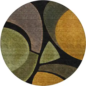 Photo of 8' Black And Green Round Abstract Washable Indoor Outdoor Area Rug