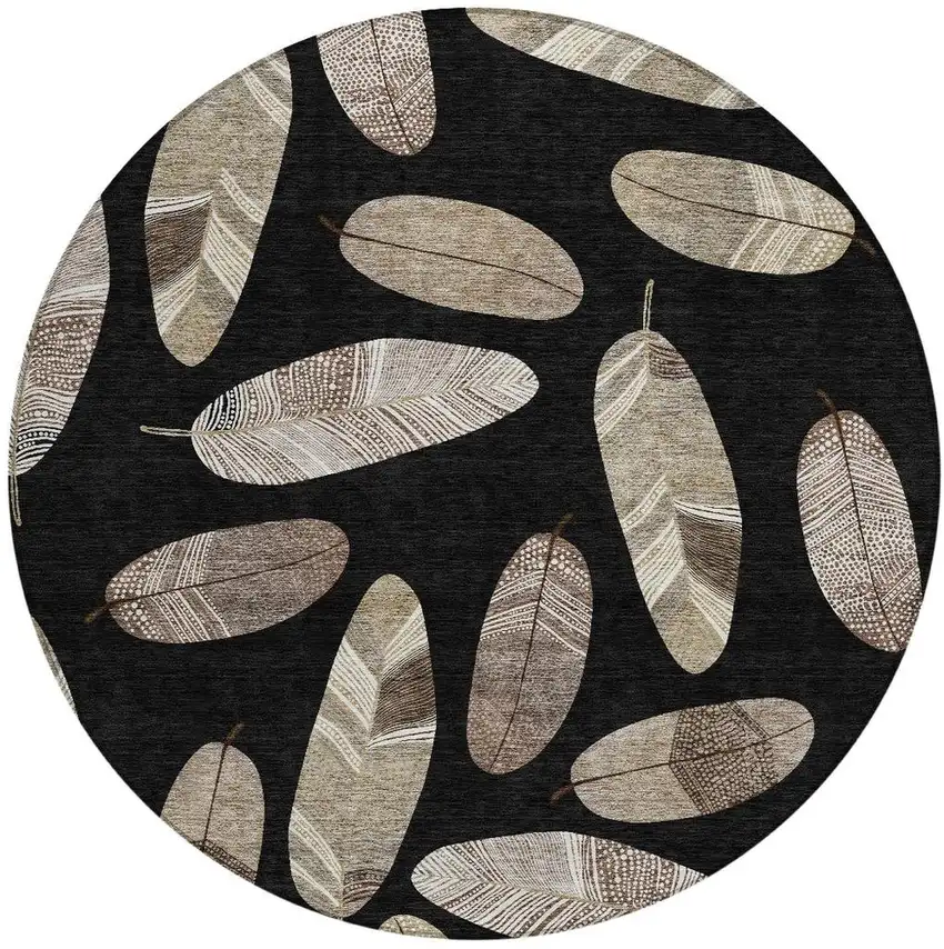 8' Black And Green Round Botanical Leaves Washable Indoor Outdoor Area Rug Photo 3