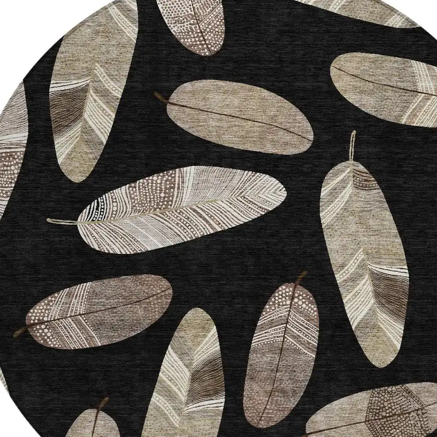 8' Black And Green Round Botanical Leaves Washable Indoor Outdoor Area Rug Photo 5