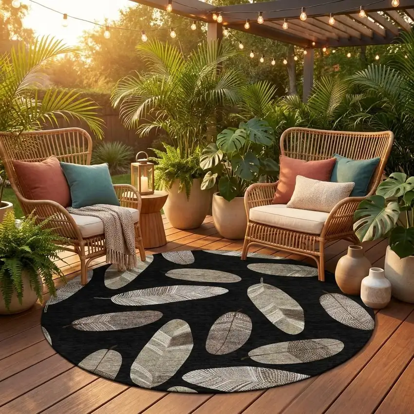 8' Black And Green Round Botanical Leaves Washable Indoor Outdoor Area Rug Photo 1