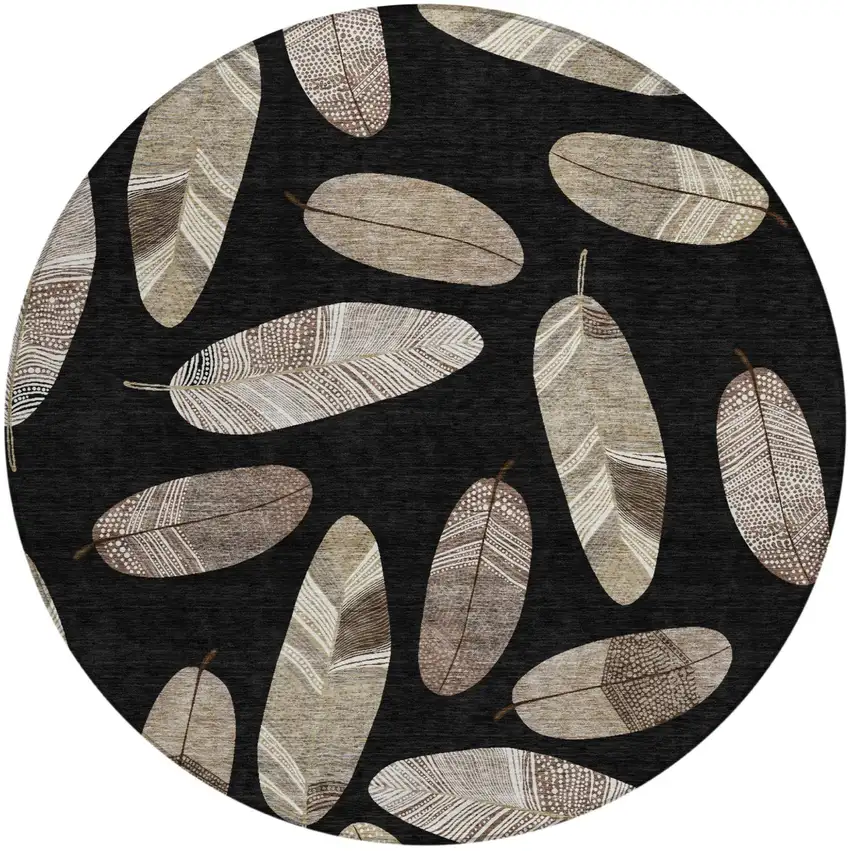 8' Black And Green Round Botanical Leaves Washable Indoor Outdoor Area Rug Photo 2
