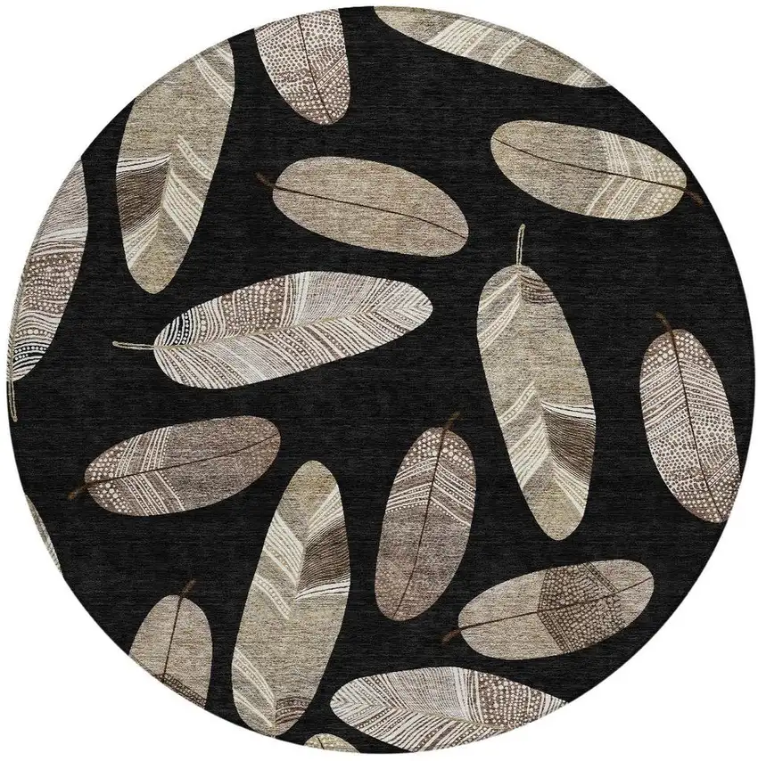 8' Black And Green Round Botanical Leaves Washable Indoor Outdoor Area Rug Photo 4