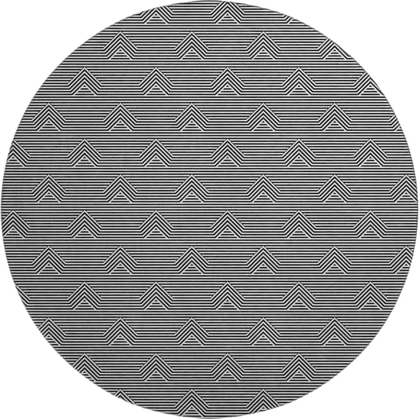 8' Black And Ivory Abstract Geometric Washable Round Rug With UV Protection Photo 1