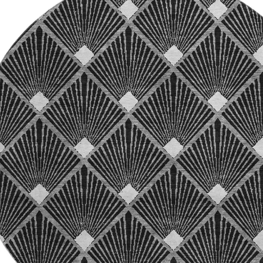 8' Black And Ivory Abstract Geometric Washable Round Rug With UV Protection Photo 3