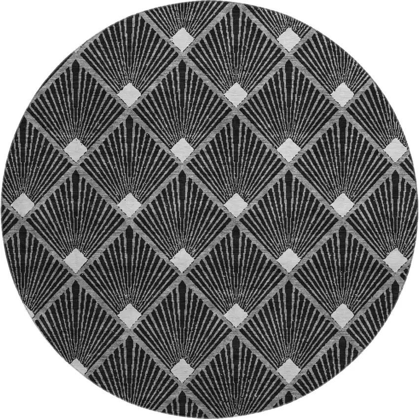 8' Black And Ivory Abstract Geometric Washable Round Rug With UV Protection Photo 1