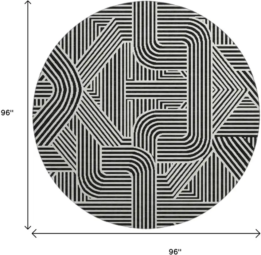 8' Black And Ivory Abstract Geometric Washable Round Rug With UV Protection Photo 3